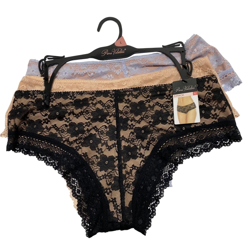 Prima Valentina Womens 3 Pack Floral Lace Hipster Panties Black Tan Blue L NWT